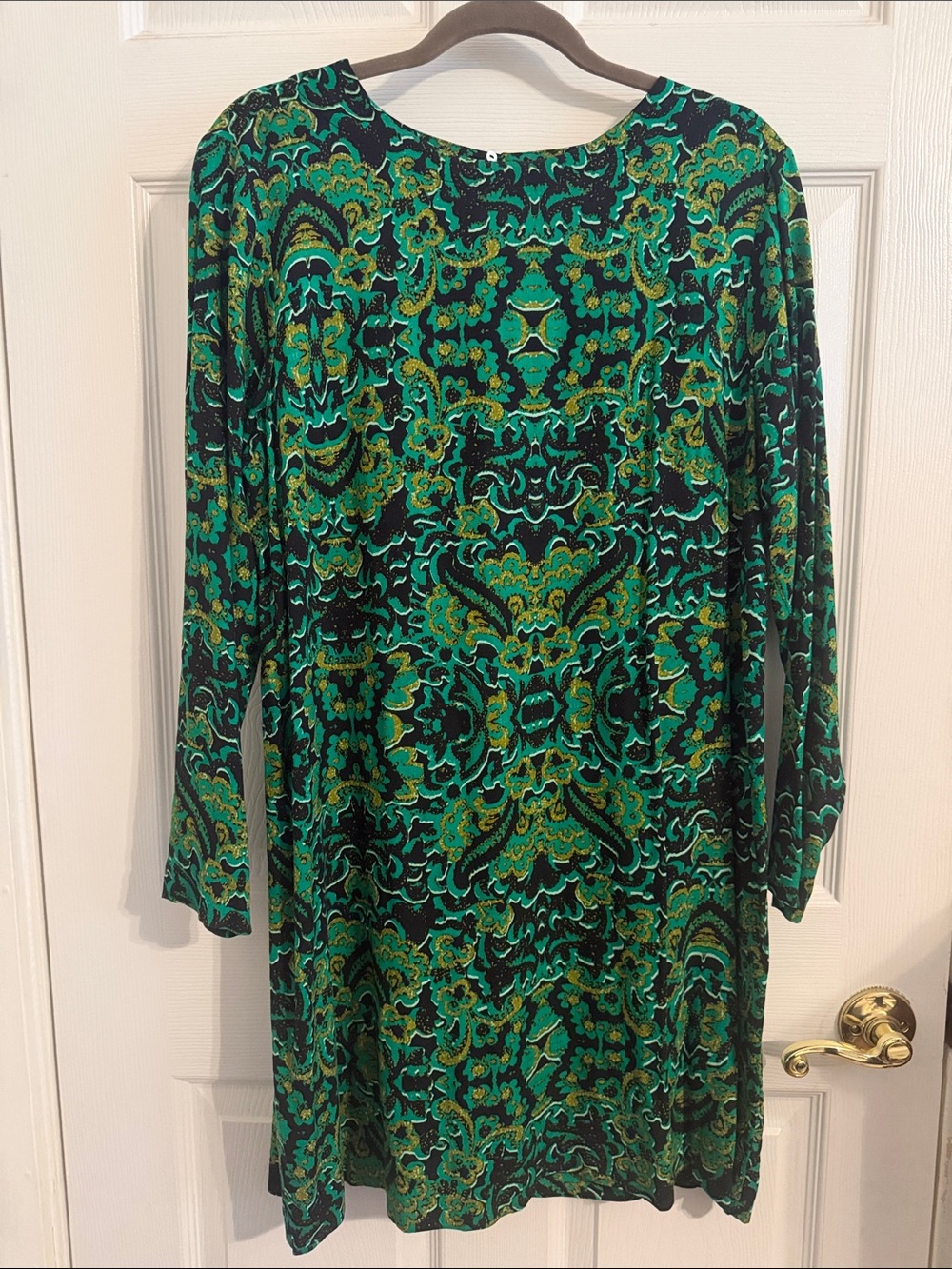 H&M Shift Dress Viscose Long Sleeve Size 14 Green/Gold/Black